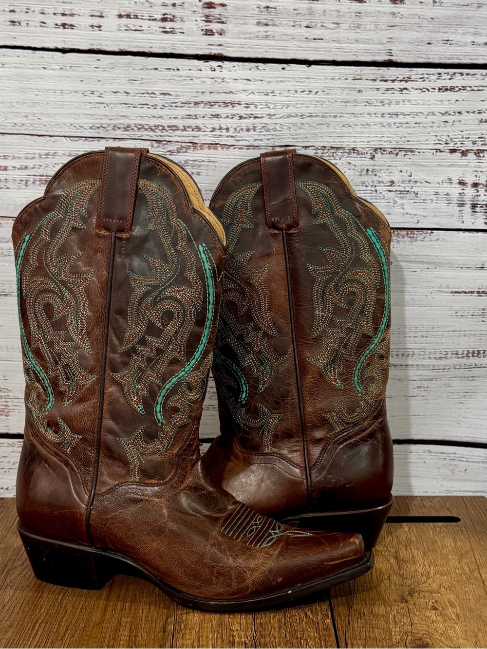 JB Dillon Classic Brown Leather Western Cowboy Boots with Turquoise Stitching